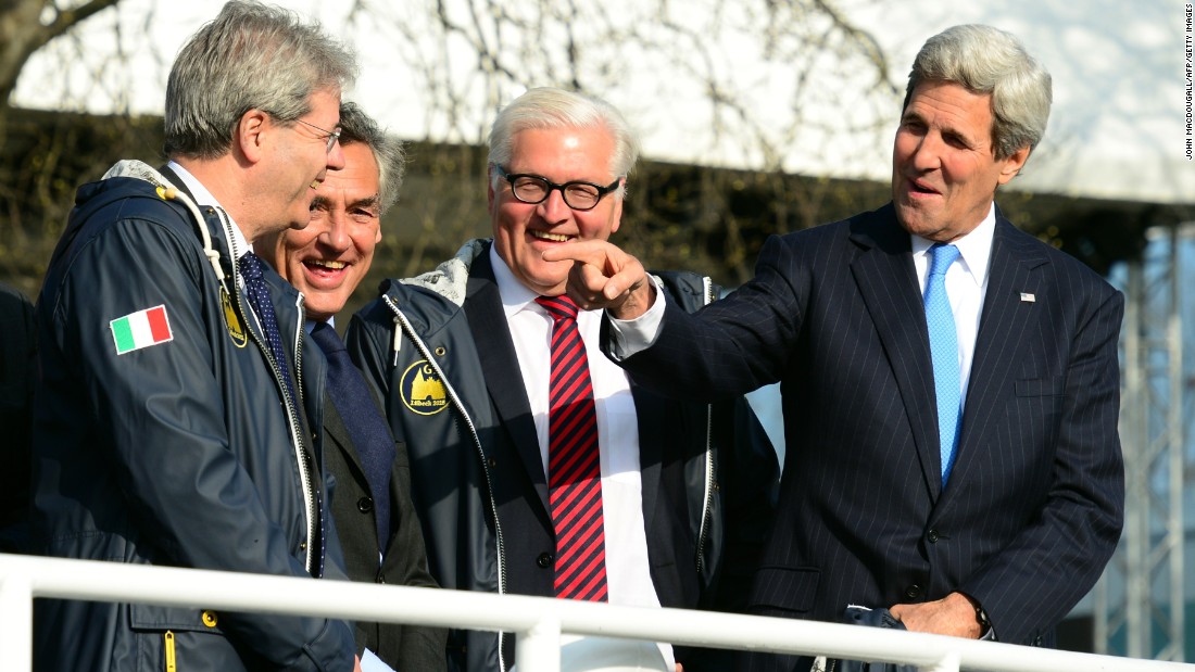 Italian Foreign Minister Paolo Gentiloni, from left, Luebeck&#39;s Mayor Bernd Saxe, German Foreign Minister Frank-Walter Steinmeier and Kerry take a boat cruise during a meeting of G-7 foreign ministers in Luebeck, Germany, on April 15. The foreign ministers met to discuss global political and security issues ahead of a G-7 summit to take place in June 2015 in southern Germany. 