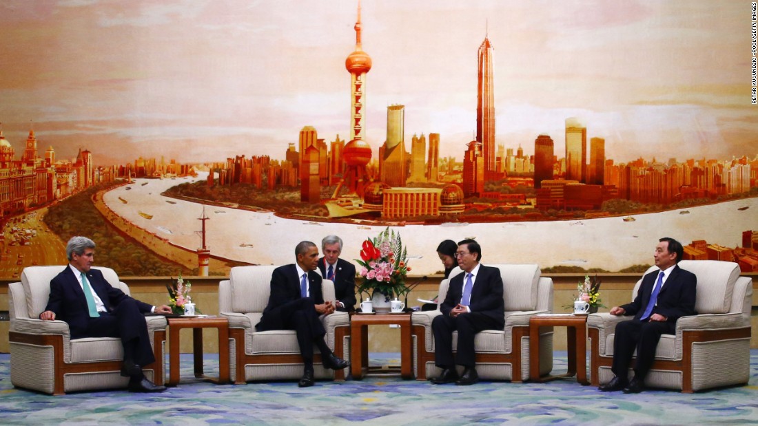Kerry and U.S. President Barack Obama meet with Zhang Dejiang, chairman of the Standing Committee of China&#39;s National People&#39;s Congress, on November 12, 2014, at the Great Hall of the People in Beijing.  