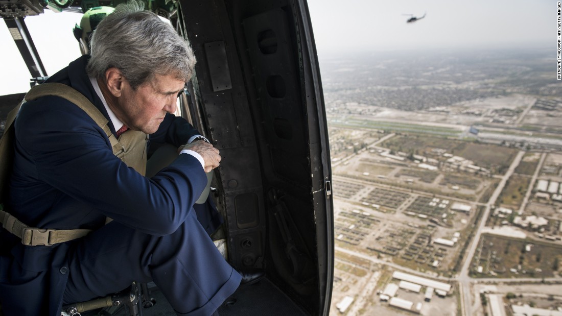 Kerry looks out over Baghdad, Iraq, from a helicopter on September 10, 2014. Kerry flew into Iraq for talks with its new leaders on their role in a long-awaited new strategy against ISIS militants.