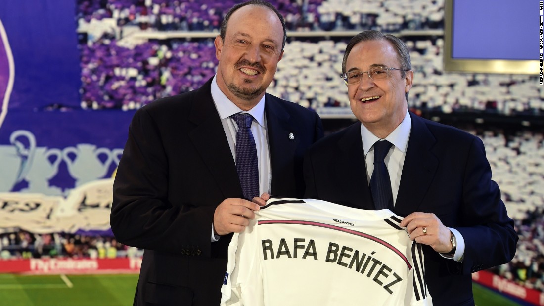 Real boss Florentino Perez (R) has taken part in many deals involving Mendes and was a guest at his wedding. He is seen welcoming in new coach Rafa Benitez earlier this year.  