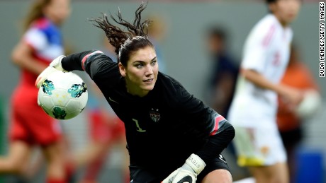 Goalkeeper Hope Solo in action for the US National Women&#39;s Team.
