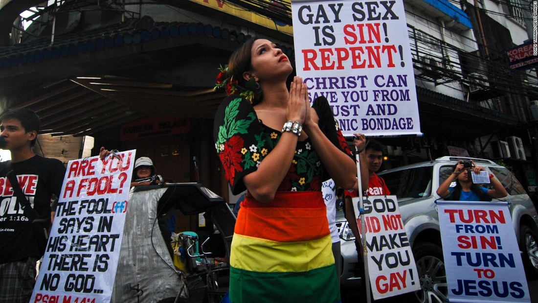 Christian demonstrators protest during a gay pride march in December, 2013, in Manila, Philippines. 
