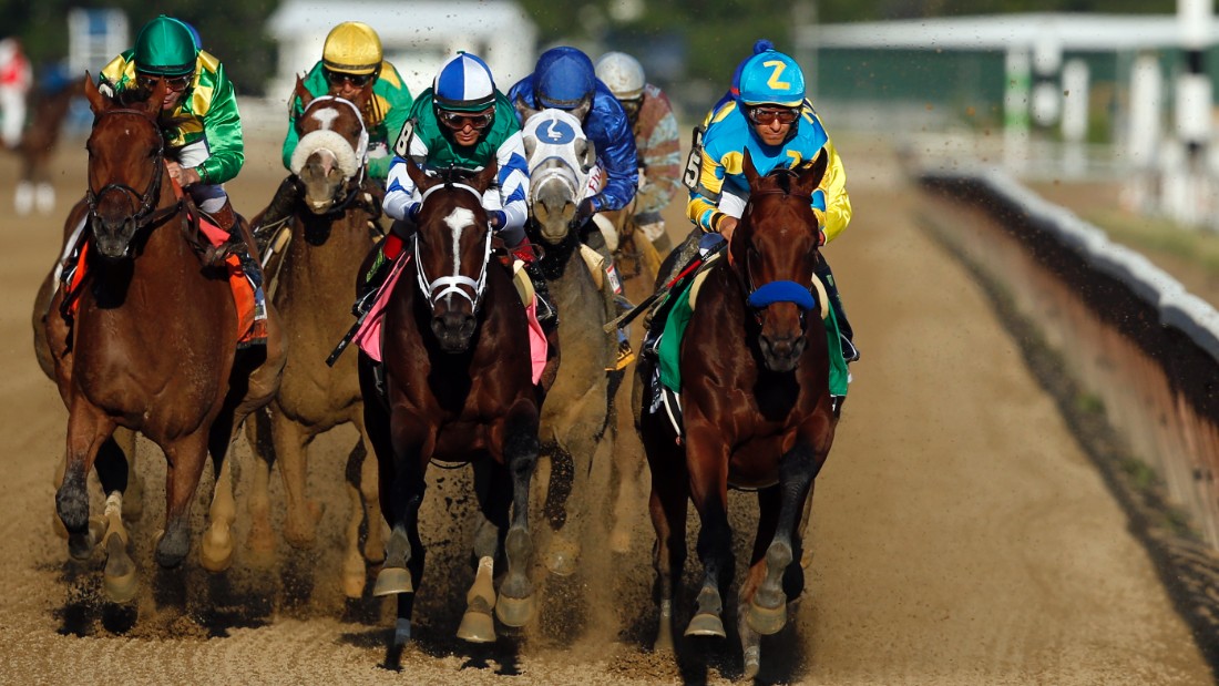 American Pharoah leads Materiality and the rest of the field down the backstretch. 