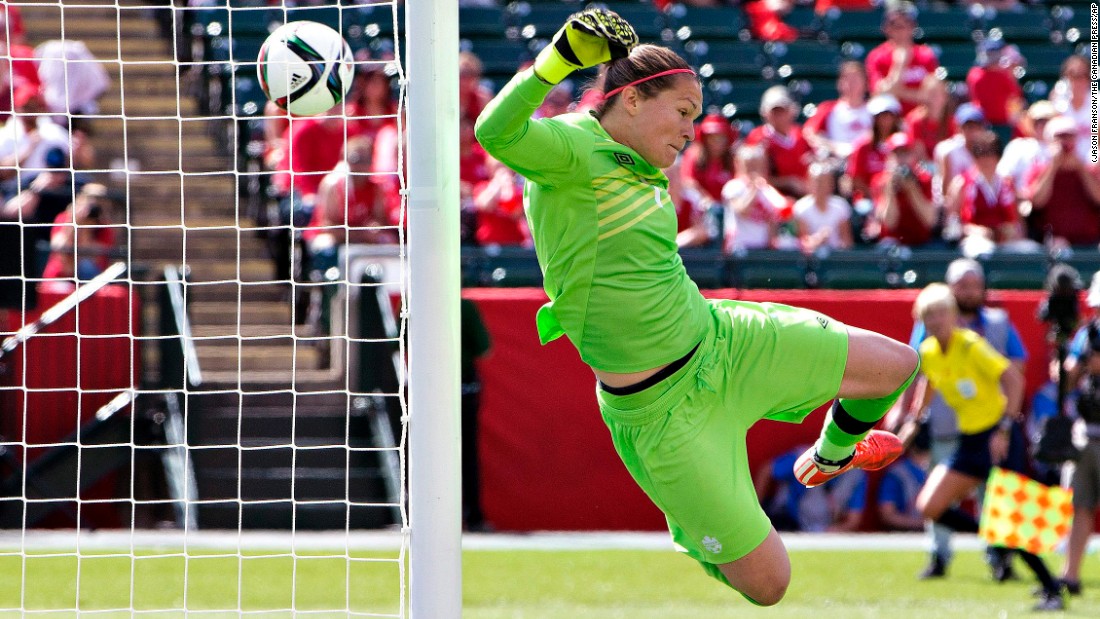 Canadian goalkeeper Erin McLeod makes a save against China in the tournament&#39;s opening match Saturday, June 6. The host nation won 1-0 in Edmonton.