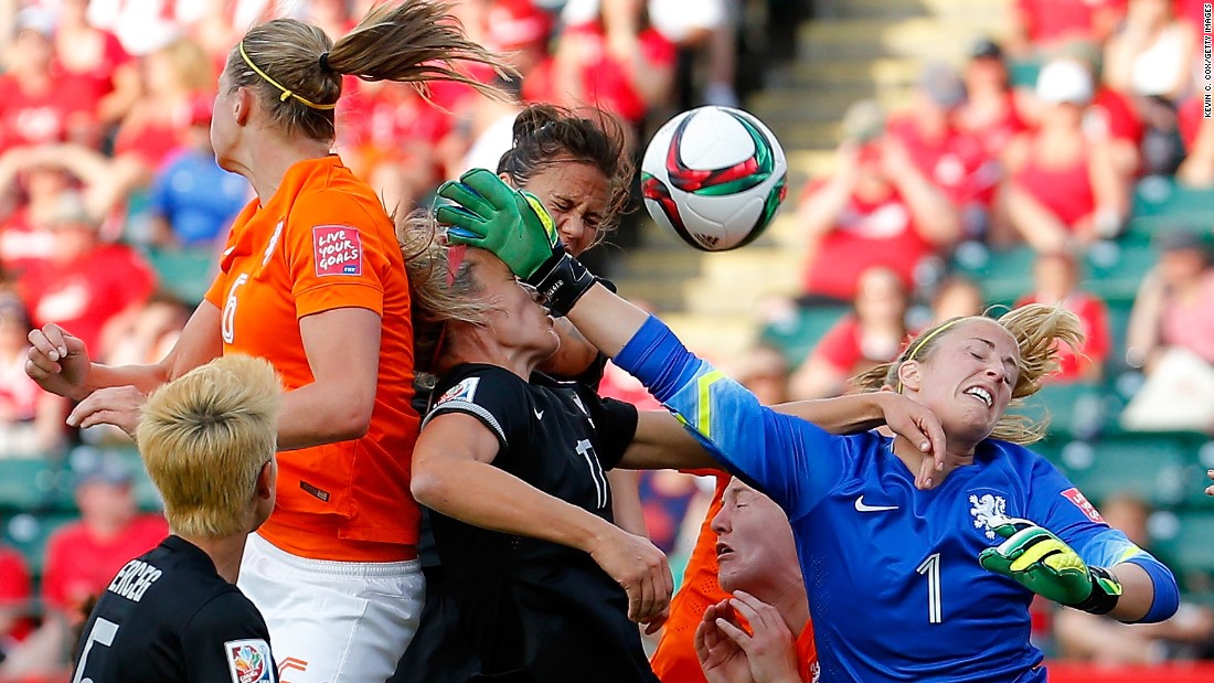 Dutch goalkeeper Loes Geurts, right, defends a corner kick against New Zealand on Saturday, June 6. The Netherlands won the match 1-0 in Edmonton.