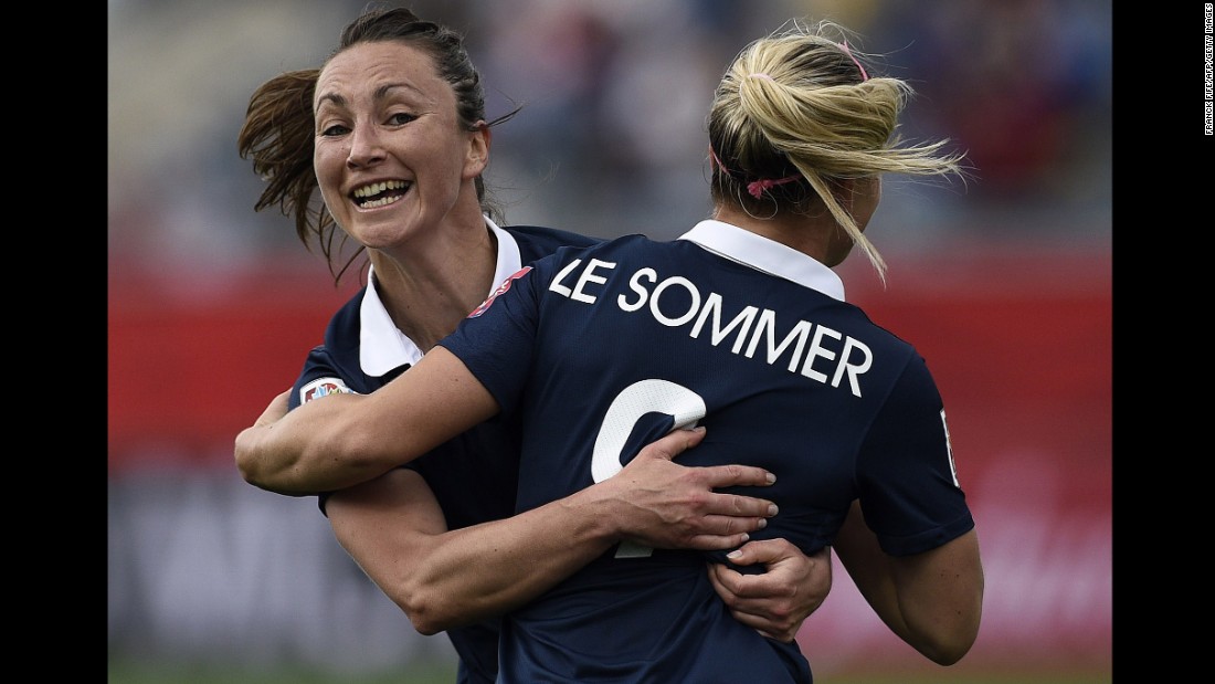 French forward Eugenie Le Sommer is congratulated by teammate Gaetane Thiney after scoring the game&#39;s only goal.