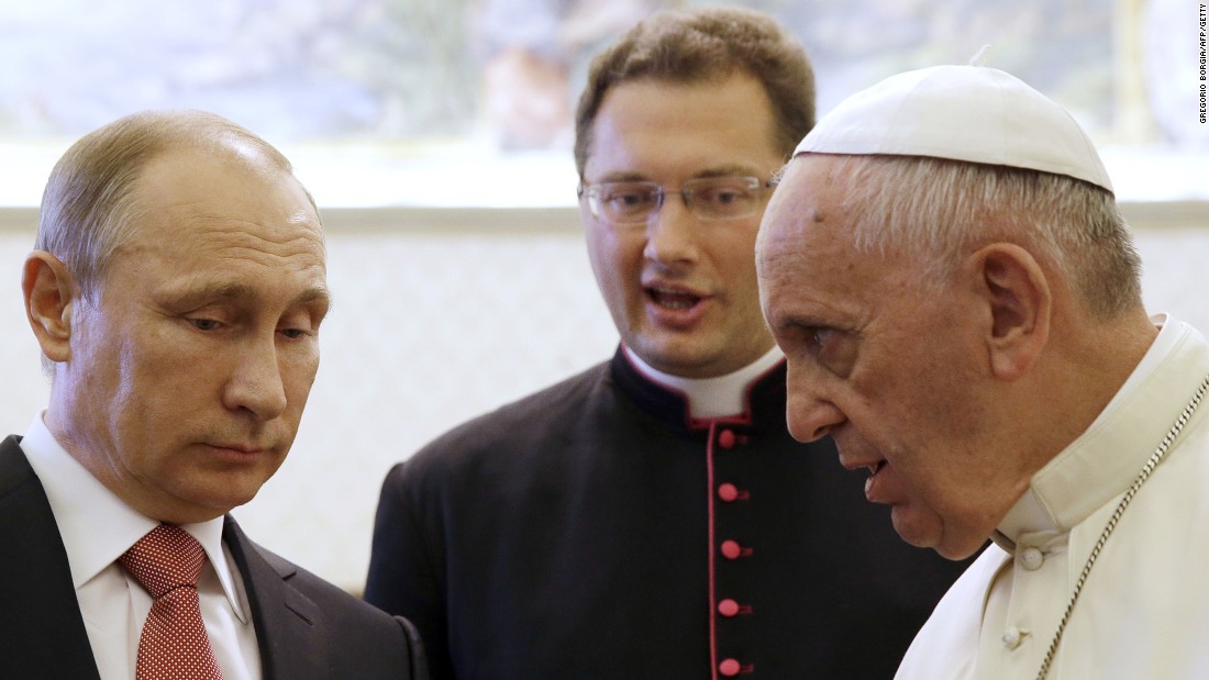 Russian President Vladimir Putin, left, &lt;a href=&quot;http://www.cnn.com/2015/06/10/world/putin-italy-visit/index.html&quot; target=&quot;_blank&quot;&gt;meets Pope Francis&lt;/a&gt; at the Vatican on Wednesday, June 10, 2015. The Pope gave Putin a medallion depicting the angel of peace, Vatican spokesman Federico Lombardi said. The Vatican called it &quot;an invitation to build a world of solidarity and peace founded on justice.&quot; Lombardi said the pontiff and President talked for 50 minutes about the crisis in Ukraine and violence in Iraq and Syria.