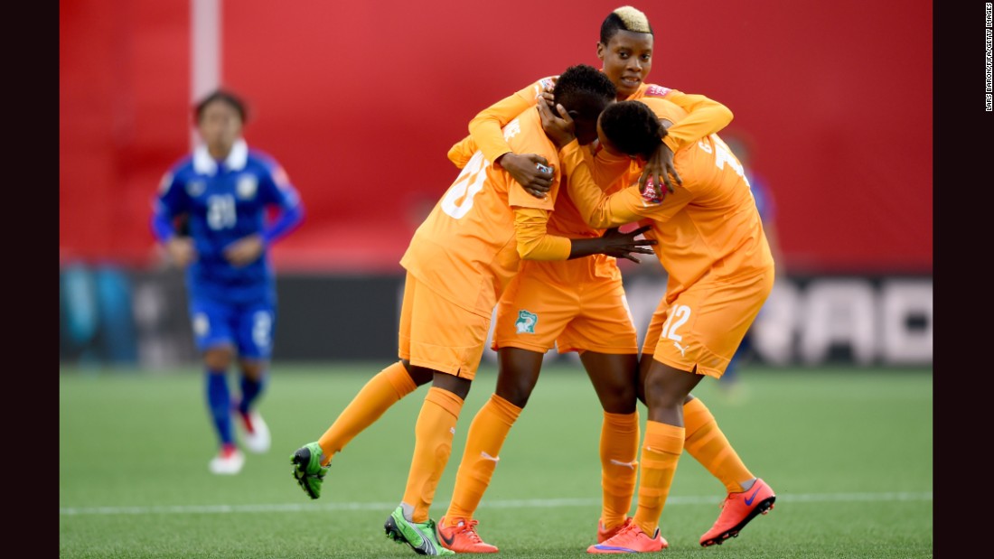 Ange Nguessan celebrates after scoring the Ivory Coast&#39;s first goal.