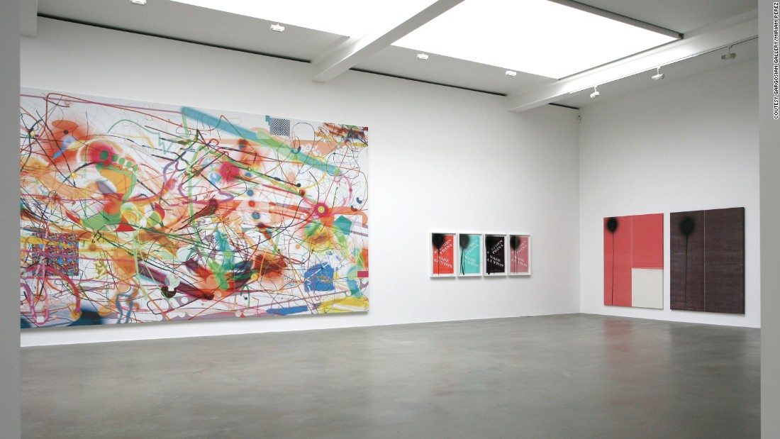 Another piece by Oehlen on the left is joined by works featuring Joseph Logan, Stephen Prina and Wade Guyton. The paintings on the far right made use of two entire cans of spray paint focused on one area of the composition. 