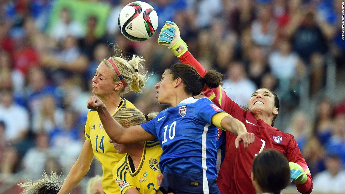 Solo, right, punches the ball away during a match against Sweden on Friday, June 12. The match in Winnipeg, Manitoba, ended in a 0-0 draw.