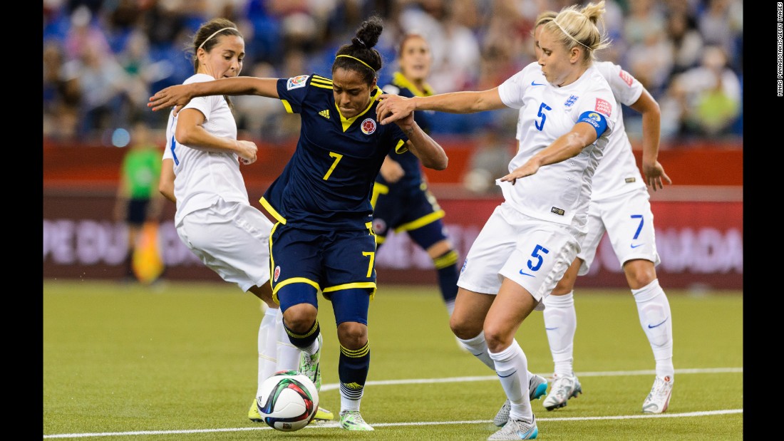 England&#39;s Steph Houghton, right, challenges Ingrid Vidal of Colombia during a match in Montreal on June 17. England won 2-1.