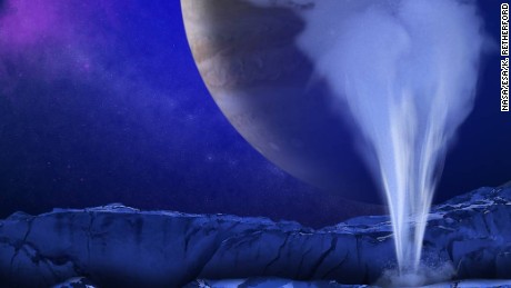 An artist&#39;s concept of a plume of water vapor jetting above the icy surface of Europa.