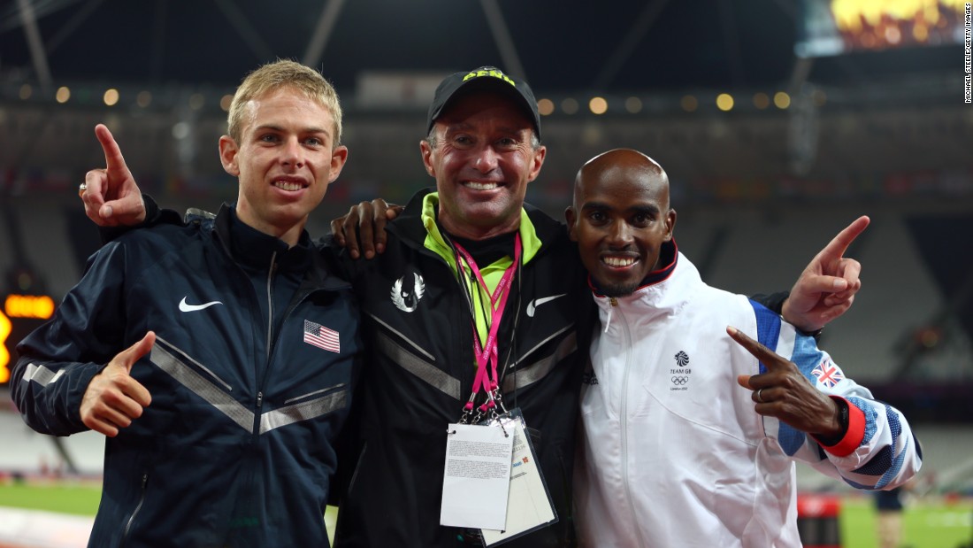 Farah of Great Britain, athlete Galen Rupp of the United States flank Salazar as they celebrate their medal success after the men&#39;s 10,000 meter final at the London 2012 Olympic Games.