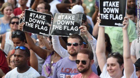 Hundreds of people gather for a protest rally against the Confederate flag in Columbia, South Carolina on June 20, 2015. 