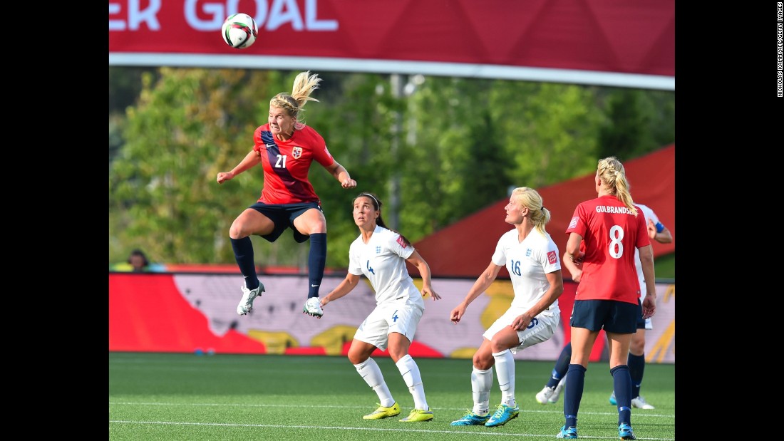 Norway&#39;s Ada Hegerberg heads the ball during a round-of-16 match against England on June 22. England trailed 1-0 but came back to win 2-1 in Ottawa.