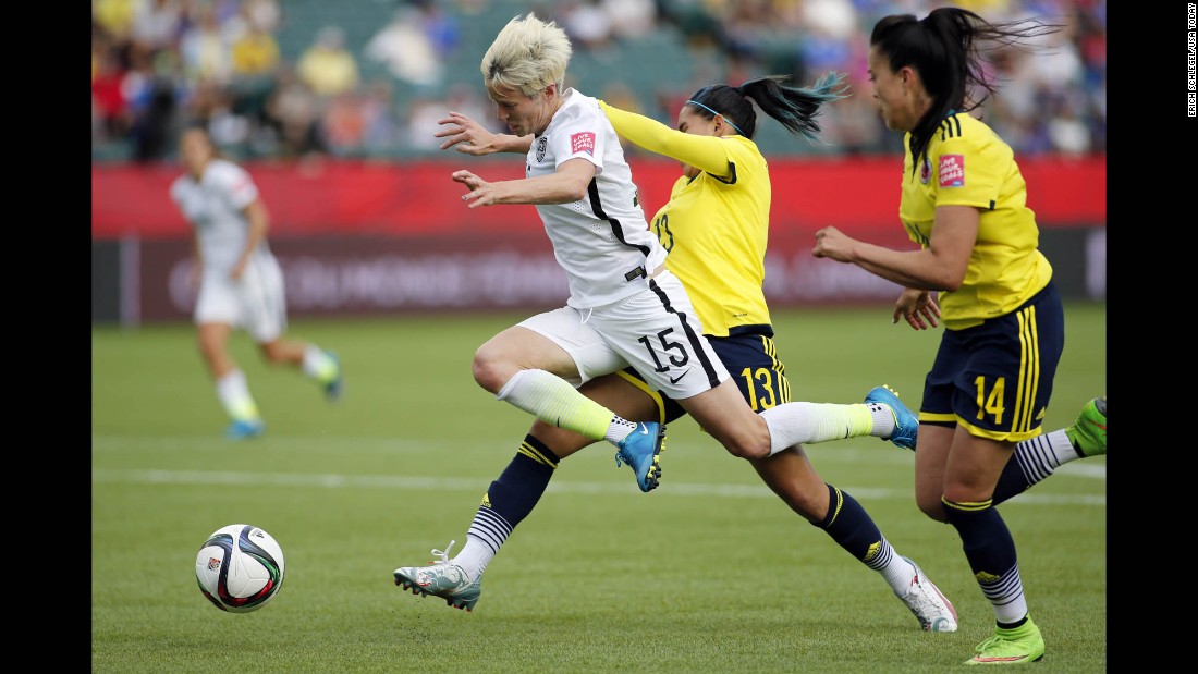 U.S. midfielder Megan Rapinoe is fouled by Colombia defender Angela Clavijo during a &lt;a href=&quot;http://www.cnn.com/2015/06/06/sport/gallery/women-worlds-cup-2015/index.html&quot; target=&quot;_blank&quot;&gt;Women&#39;s World Cup&lt;/a&gt; match in Edmonton, Alberta, on Monday, June 22. The foul was in the box, leading to a penalty that Lloyd converted into a goal. The United States won the match 2-0 to advance to the quarterfinals.