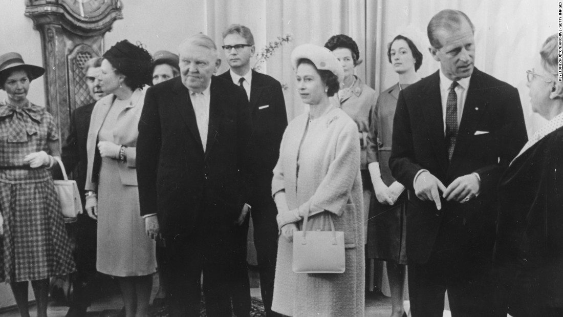 During the Queen&#39;s first official visit to Germany, she met with German Chancellor Ludwig Erhard (front left), here attending a luncheon at the Chancellery, Germany, on May 21, 1965. 