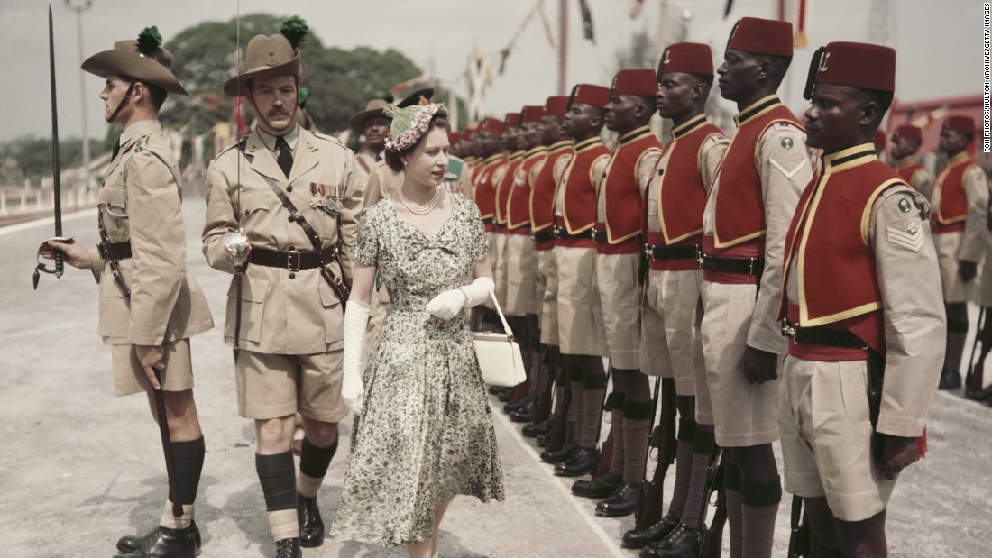 The Queen&#39;s Commonwealth Tour took her to Nigeria in February 1956. Here she inspects men of the newly-renamed Queen&#39;s Own Nigeria Regiment, Royal West African Frontier Force, at Kaduna Airport. 