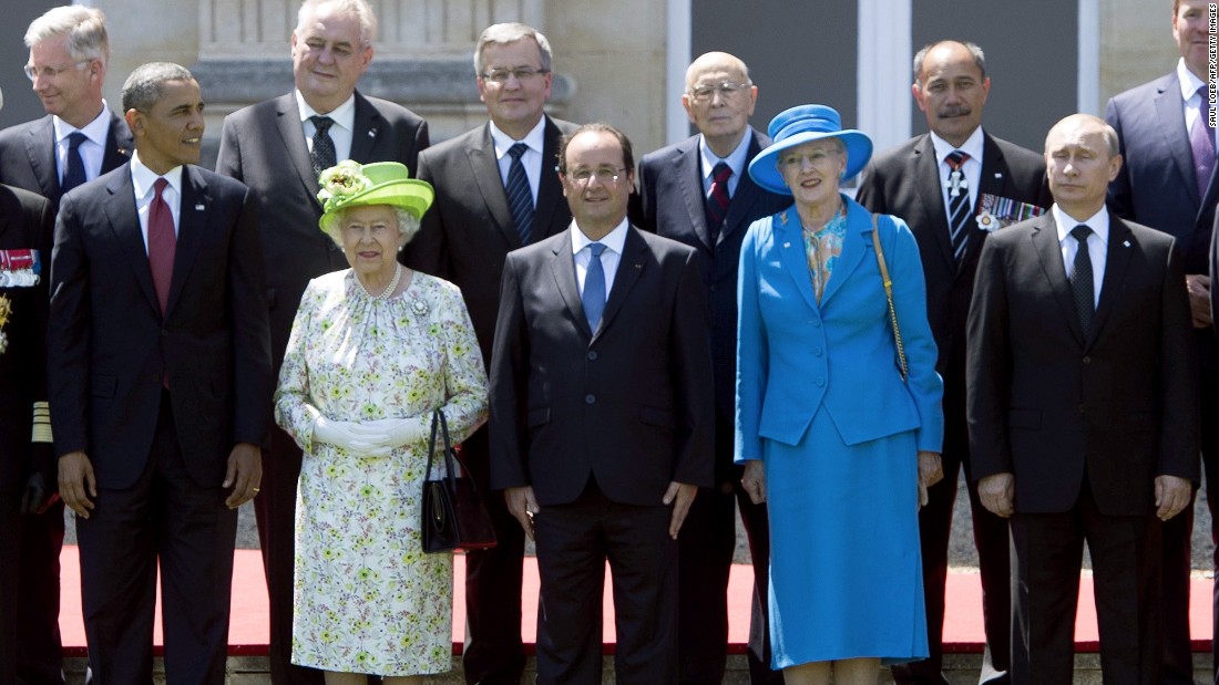 The Queen is joined by U.S. President Barack Obama, French President Francois Hollande, Queen Margrethe of Denmark and Russian President Vladimir Putin for a group photo of world leaders attending the D-Day 70th Anniversary ceremonies at Chateau de Benouville in Benouville, France, June 6, 2014. 