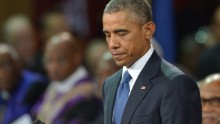 U.S. President Barack Obama delivers the eulogy during the funeral of slain pastor, Rev and South Carolina State Sen. Clementa Pinckney, at the College of Charleston TD Arena, in Charleston, South Carolina on June 26, 2015. 