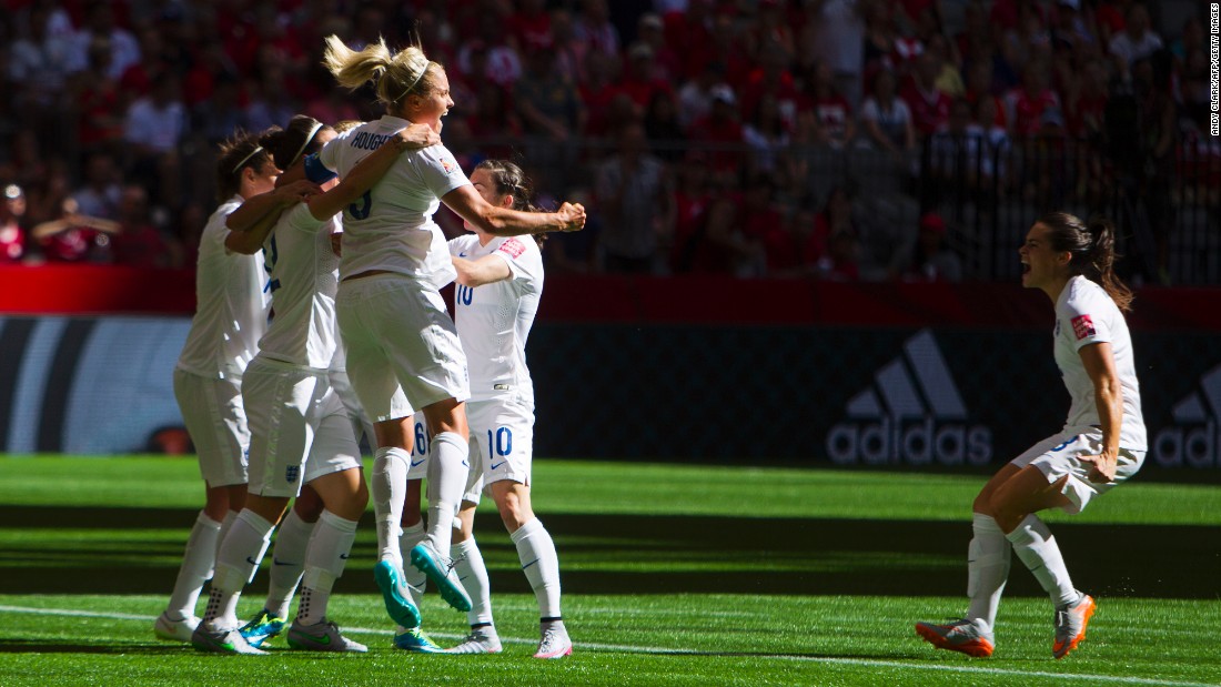 England players celebrate a goal during their 2-1 victory over Canada in the Women&#39;s World Cup on Saturday, June 27. The victory in Vancouver, British Columbia, gave England its first-ever trip to the semifinals.
