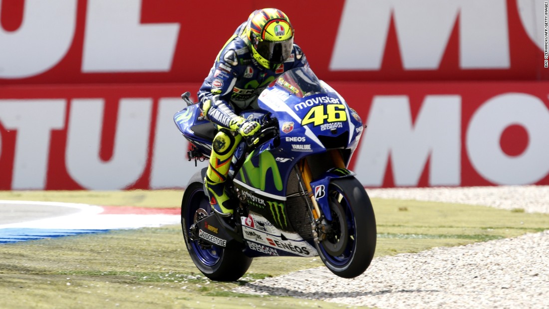The Italian rides his Yamaha across the gravel following the race -- echoing the final chicane of the last lap, where he had to cut the corner when his bike touched that of Marc Marquez.
