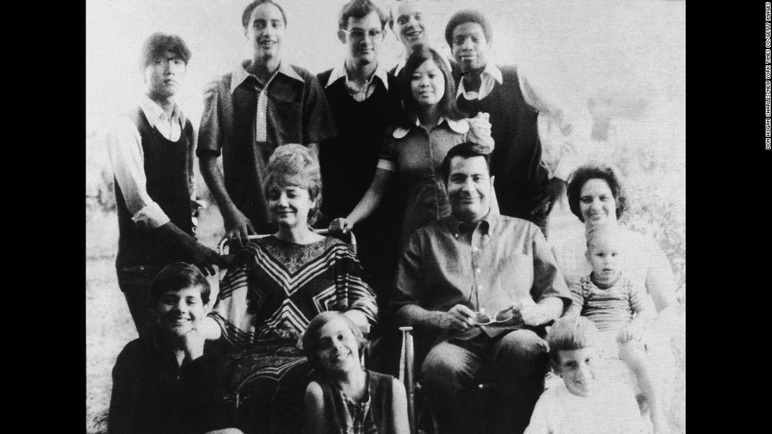 Portrait of American religious leader Jim Jones, the founder of the People&#39;s Temple, and his wife, Marceline Jones, seated in front of their adopted children and next to his sister-in-law, right, with her three children. In 1977, Jones relocated the People&#39;s Temple from San Francisco, California, to Jonestown, Guyana. He led the mass suicide of over 900 followers on November 18, 1978, before dying of a gunshot wound later that day. 