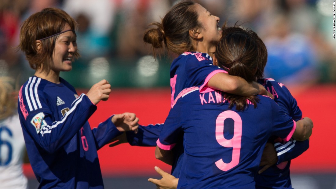 Japanese players celebrate their first-half goal against England during a Women&#39;s World Cup semifinal on Wednesday, July 1. Japan, the defending World Cup champions, won 2-1 after a late-minute own goal by England&#39;s Laura Bassett.
