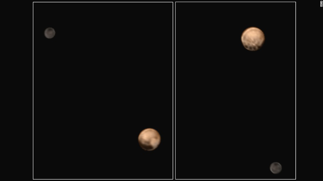 Pluto is shown here along with Charon in images taken on June 25 and 27. The image on the right shows a series of evenly spaced dark spots near Pluto&#39;s equator. Scientists hope to solve the puzzle as New Horizons gets closer to Pluto. 