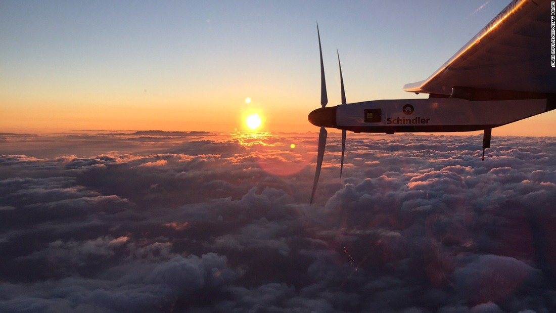 Solar Impulse is seen at sunrise on Monday, June 29, shortly after taking off from the international airport in Nagoya, Japan. The aircraft&#39;s Japan-to-Hawaii trip was the most ambitious leg of its quest to circumnavigate the globe powered only by the sun. 