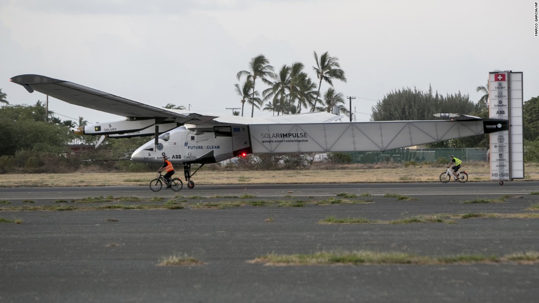 The Solar Impulse 2 is seen at the Kalaeloa Airport in Kapolei, Hawaii, on Friday, July 3. The solar-powered plane, alternately piloted by Andre Borschberg and Bertrand Piccard, is attempting to fly around the world without fuel.