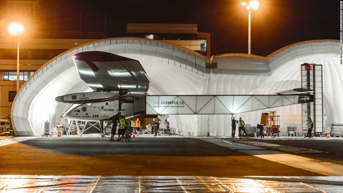 The solar-powered plane prepares to take off from Nagoya on June 29.