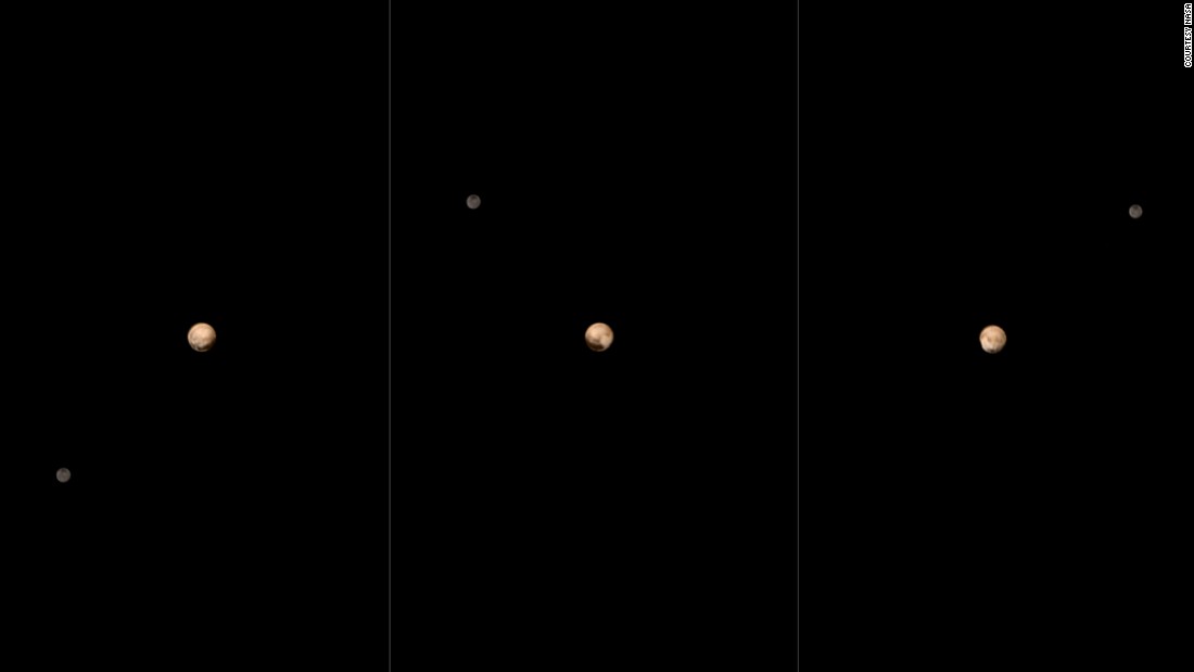 New Horizons took six black-and-white photos of Pluto and Charon between June 23 and 29. The images were combined with color data from another instrument on the space probe to create the images above. The spacecraft was 15 million miles away when it started the sequence and 11 million miles when the last photo was taken.