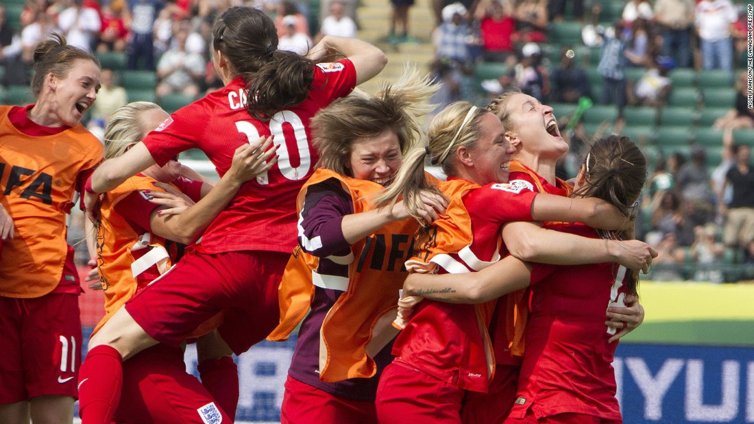 England celebrates a penalty kick goal against Germany during extra time at the Women&#39;s World Cup soccer third-place match in Edmonton, Alberta, on Saturday, July 4. England defeated Germany with a final score of 1-0.