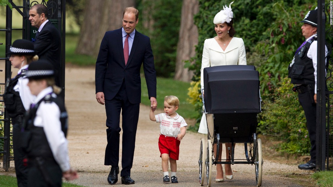 Catherine, Duchess of Cambridge, Prince William, Duke of Cambridge, Princess Charlotte of Cambridge and Prince George of Cambridge arrive at the Church of St Mary Magdalene on the Sandringham Estate for the Christening of Princess Charlotte of Cambridge in King&#39;s Lynn, England, on July 4.