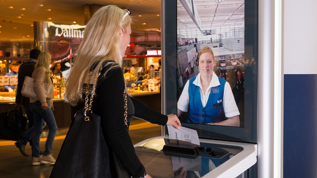 In Munich Airport, InfoGate kiosks allow for face-to-face, video-based conversation with a live customer representative in the traveler&#39;s language of choice. In addition, documents can be scanned, printed and exchanged between the two parties.