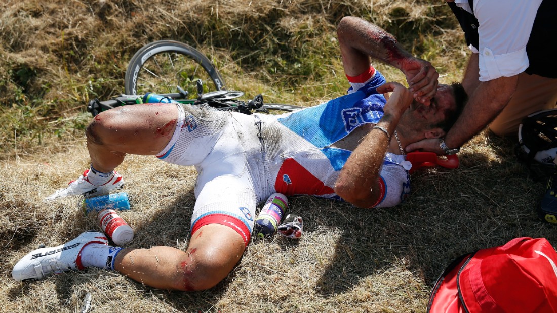 French rider William Bonnet lies battered, bloodied and bruised at the roadside following the crash. A subsequent trip to hospital revealed that he also had a fractured vertebrae. 