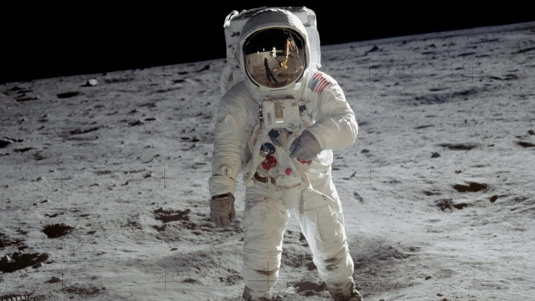 Astronaut Buzz Aldrin walks on the surface of the moon near the leg of the lunar module Eagle during the Apollo 11 mission. Mission commander Neil Armstrong took this photograph with a 70mm lunar surface camera. While astronauts Armstrong and Aldrin explored the Sea of Tranquility region of the moon, astronaut Michael Collin remained with the comma