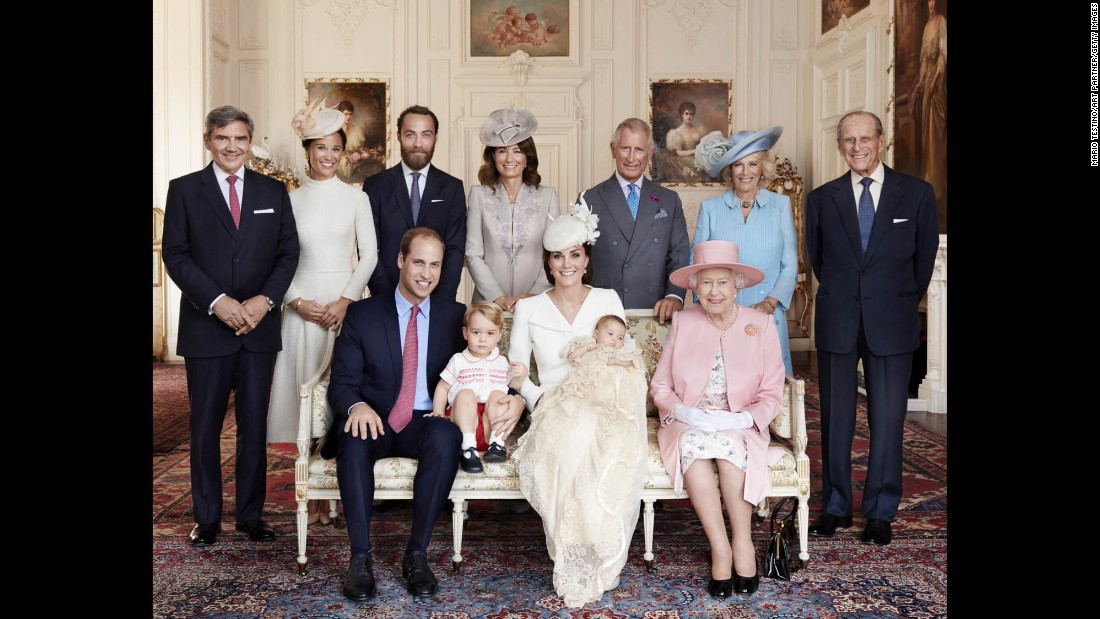 This family photo was taken after &lt;a href=&quot;http://www.cnn.com/2015/07/05/europe/royal-baby-princess-charlotte-christening/&quot; target=&quot;_blank&quot;&gt;Charlotte&#39;s christening&lt;/a&gt; in July 2015. In the front row, from left, are William, George, Catherine, Charlotte and Queen Elizabeth II. In the back row, from left, are Catherine&#39;s father, Michael Middleton; her sister, Pippa Middleton; her brother, James Middleton; her mother, Carole Middleton; Charles; Camilla, Duchess of Cornwall; and Prince Philip.