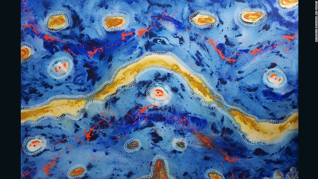 Traditionally paintings were done on rock walls, as body paint, or simply in the dirt or sand. Today most Aboriginal paintings depict stories and &quot;Dreamings&quot; about the land, culture and ceremonies. Pictured, &quot;Water&quot; by Kurun Warun. 