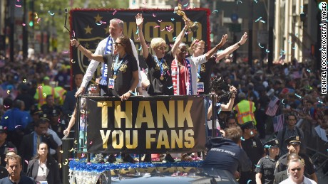The US soccer team celebrates its 2015 Women&#39;s World Cup victory with a ticker-tape parade in New York City. 