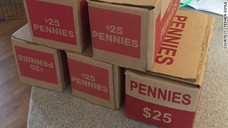 Coyle spent $125 on five boxes of pennies. 
