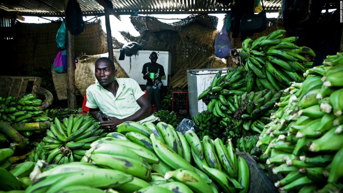 A South Sudanese market trader sits in his shop where he sells imported bananas from Uganda. Another disease, called &quot;BXW,&quot; has nearly destroyed Uganda&#39;s banana industry about a decade ago.