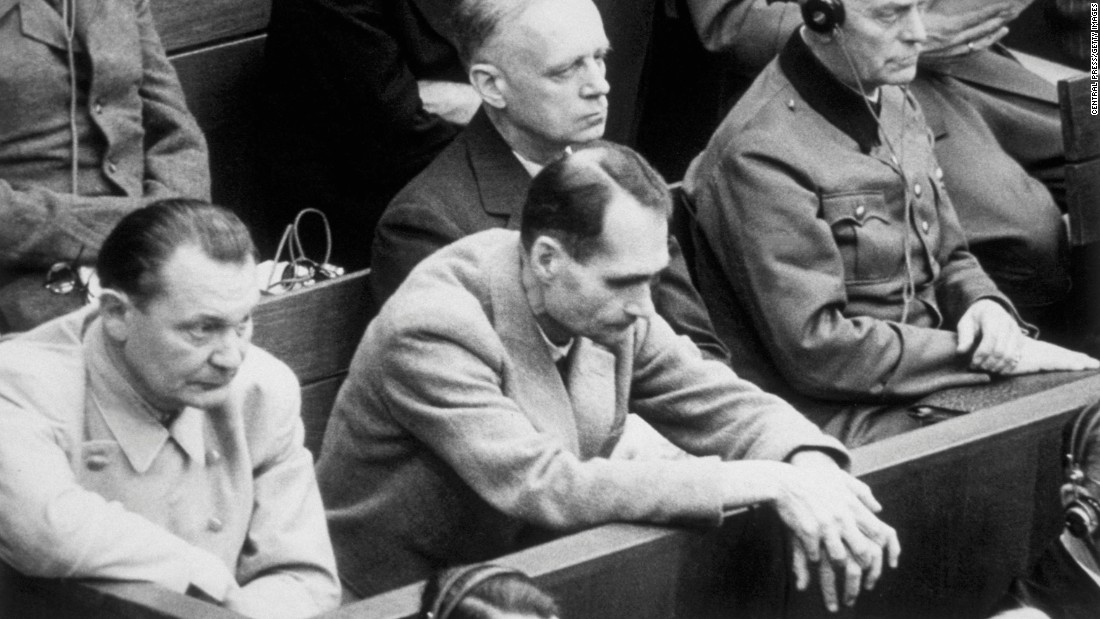Rudolf Hess (center) was a longtime personal aide to Adolf Hitler. At the Nuremberg trials, he was sentenced to life in prison and ultimately committed suicide behind bars in 1987, at age 93. With him were Goering (left), Foreign Minister Joachim von Ribbentrop and Armed Forces Chief of Staff Wilhelm Keitel. All but Hess were sentenced to death. 