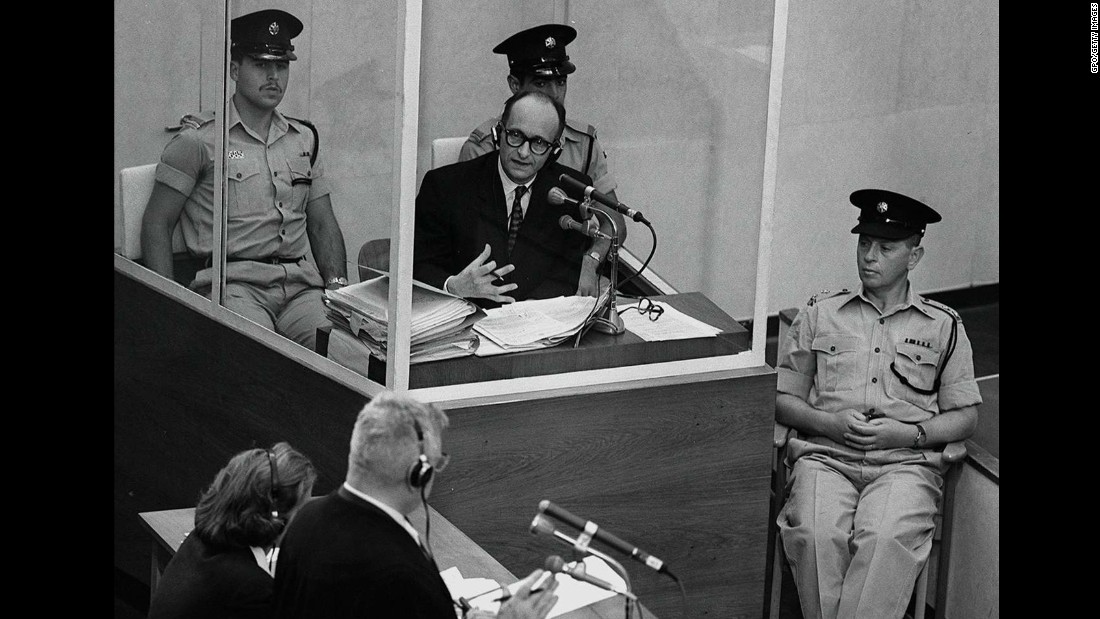 Perhaps the most famous Nazi war crimes trial was that of Adolf Eichmann, who was hiding in Argentina when he was seized by Israeli agents. He was brought to Jerusalem and tried in a protective glass booth flanked by Israeli police. Responsible for helping to organize the deportation of about 1.5 million Jews to concentration camps, Eichmann was found guilty of crimes against the Jewish people. He was hanged in 1962.