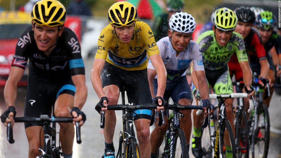 Froome in yellow has his closest rival Quintana of Colombia to his immediate left. Alberto Contador (fourth from left) was unable to back up his Giro d&#39;Italia victory and finished fifth overall. 