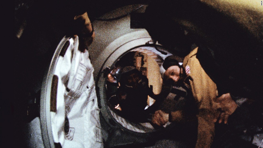 Commander of the Soviet crew of Soyuz, Alexei Leonov, left, and commander of the American crew of Apollo, Thomas Stafford shake hands July 17, 1975 in space, somewhere over Western Germany, after the Apollo-Soyuz docking maneuvers.