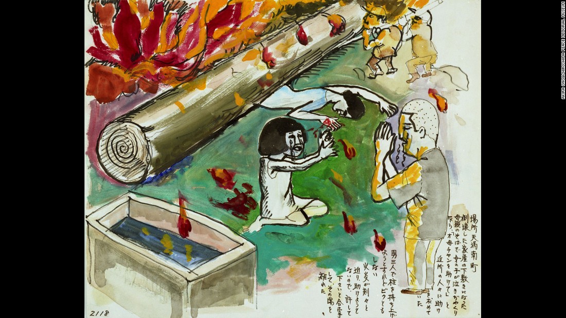 This drawing by survivor Akira Onogi shows a woman pinned under a pillar from her collapsed house as deadly flames approach. Next to the woman, a sobbing girl pleads for help from neighbors. The neighbors couldn&#39;t move the pillar.
