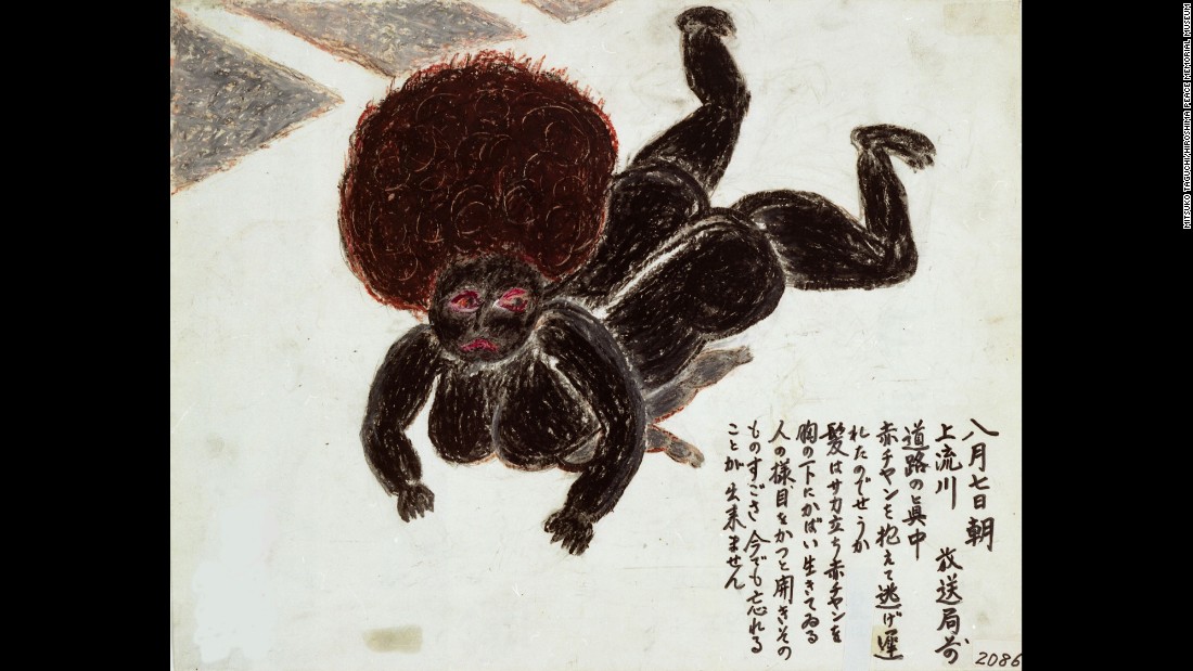 Mitsuko Taguchi is haunted by this scene, depicted in her drawing, of a dead mother and child who had fallen while trying to outrun flames. &quot;Her hair was standing on end,&quot; Taguchi said. &quot;She still protected her child under her breast, like a living person. Her eyes were open wide. I cannot forget that shocking sight.&quot; 