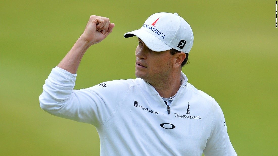 U.S. golfer Zach Johnson celebrates on the way to victory at the 2015 Open Championship at St Andrews in Scotland.